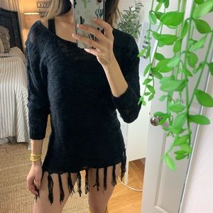 NWOT Black Boho Fringed Loose Knit Sweater Tunic Top